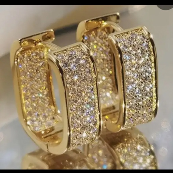 Simulated diamonds cluster pave beautiful, bridal huggie hoop gold tone earrings - Picture 2 of 5